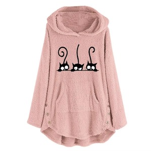 Brown Fleece Hoodie Women Cat Print Fluffy Plush Pullover Button Hooded Sweatshirt Warm Winter Casual Curved Hem Top - Product Image 4