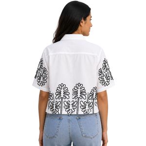 <b>White</b> Women Cropped Button Shirt Black Floral Embroidery Short Sleeve Casual Summer Blouse Cotton Fashion Designer Top Custom - Product Image 2
