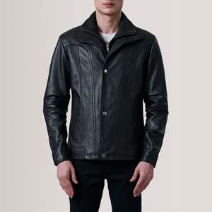 Men's <b>Black</b> Genuine Leather Biker Jacket Stand Collar Zipper Closure Regular Fit Solid Color Casual Winter Wear Hooded - Product Image 3
