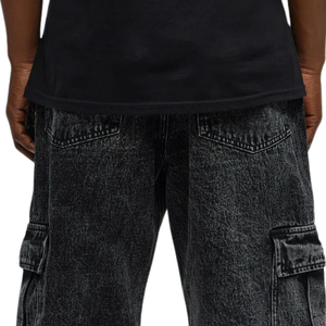 Jean cargo en denim noir délavé pour homme, coupe droite décontractée, multi-poches, style utilitaire, streetwear vintage, décontracté, 100% coton, boutonné - Product Image 4