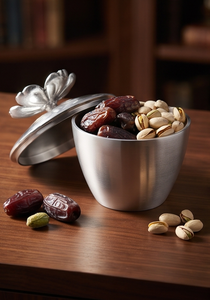 Bol élégant en métal argenté brossé pour le rangement des fruits secs et des dates, organisateur de table avec couvercle papillon - Product Image 5