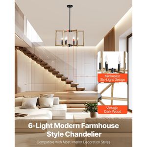 Lustre moderne en métal à 6 lumières, style farmhouse, hauteur réglable, luminaire suspendu pour salle à manger, certifié CE - Product Image 2