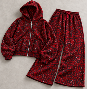 Chándal Personalizado 100% Algodón con Estampado de Leopardo y Pedrería, con Capucha y Cremallera, Manga Larga, Corte Holgado, Estilo Casual para Otoño, Patrón Rojo y Negro - Product Image 5