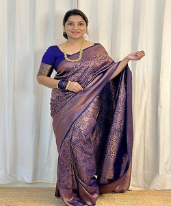 SAREE DE SEDA LICHI CON TRABAJO DE JACQUARD, EL MÁS SELECCIONADO, CON BLUSA SIN COSTURAR, PARA FIESTAS, PRECIO AL POR MAYOR, PRENDAS ÉTNICAS 84793 AZUL MARINO - Product Image 1