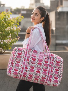 Women’s Hand Block Print Cotton Quilted Duffle <b>Bag</b> | Floral Weekender Travel <b>Bag</b> | Handmade Overnight Tote | <b>Boho</b> Gym <b>Bag</b> - Product Image 2