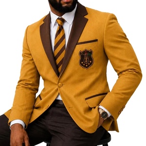 Blazer en laine mélangée moutarde pour homme Iota avec écusson brodé, col cranté, style britannique, veste de costume à simple boutonnage - Product Image 1