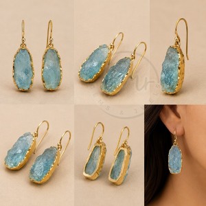 Handmade Raw Aquamarine <b>Earrings</b> Brass Gold Plated Natural Rough Aquamarine Drop <b>Earrings</b> Bohemian Artisan Gemstone Jewelry - Product Image 4