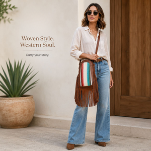 Sac bandoulière en cuir fait main avec franges, style western, en tissu serape, sangle réglable, style fourrure, pour femme, idéal pour les voyages - Product Image 3