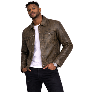 เสื้อแจ็คเก็ตทรัคเกอร์สีน้ำตาลวินเทจสำหรับผู้ชาย ติดกระดุมด้านหน้า สไตล์ลำลอง แฟชั่นตะวันตก เสื้อคลุม - Product Image 5