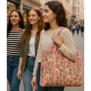 Bolsa de Compras de Fieltro No Tejido, Bordada a Mano, Sostenible, con Diseño Floral, Estilo Bohemio, Color Rosa Beige - Product Image 4