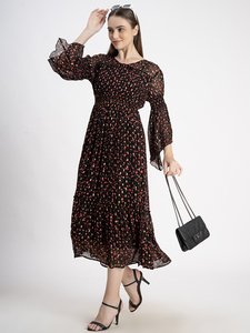 Floral Print Chiffon Midi <b>Dress</b> With <b>Flutter</b> <b>Sleeves</b> V-Neck A-Line Loose Fit Casual Spring Unity Luxure Womens Summer Casual - Product Image 1