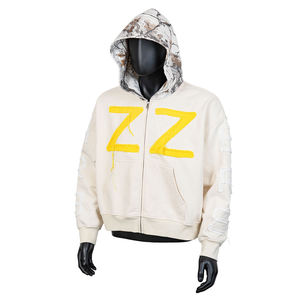 Sudadera con Capucha Extra Grande para Hombre, Color Amarillo Crema, Aplique ZZ, Estampado Puff, Felpa Francesa, Algodón, Ropa Urbana, Otoño - Product Image 1