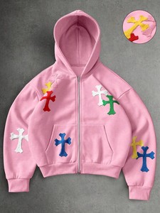 Custom Logo Pink Chenille <b>Cross</b> <b>Patch</b> Men Hoodies Cotton Blend Fleece Full Zip Oversized Drop Shoulder Streetwear Autumn Winter - Product Image 3