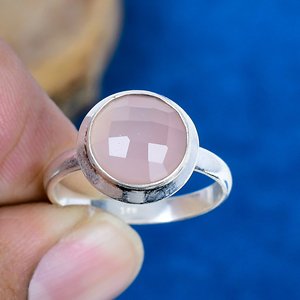 Natural Pink Chalcedony Round Gemstone <b>Rings</b>, <b>925</b> Sterling <b>Silver</b> - Product Image 1
