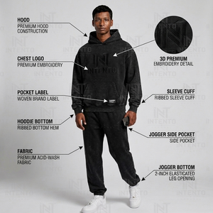 Conjunto Deportivo Informal de Dos Piezas para Hombre INTENTO, Sudadera con Capucha y Cordón Ajustable, Logotipo Frontal, Corte Holgado, Color Negro Lavado, Pantalones Deportivos, Otoño - Product Image 5
