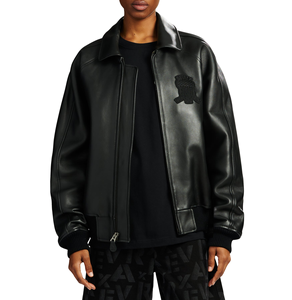 Avirex Style Premium <b>Black</b> <b>Real</b> Leather Bomber Jacket Unisex Embroidered Varsity Coat Winter Canvas Front Hip Hop Streetwear - Product Image 3