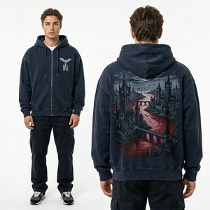 Navy Blue Zip Up Hoodie Men Custom Graphic Full Zip Sweatshirt Midnight Castle Design Vintage Wash Oversized Fleece Hoodie Top - Product Image 1
