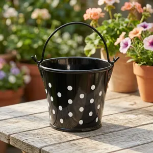 Black Metal <b>Bucket</b> with Handle White Polka Dots Decorative Storage Pail Multipurpose Home <b>Garden</b> Party Organizer - Product Image 2