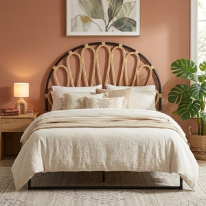New Modern Minimalist Black <b>Frame</b> Curved <b>Rattan</b> Headboard <b>Bed</b> <b>Frame</b> Wood Eco-Friendly Double Queen Bedroom Furniture Upholstered - Product Image 3