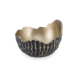 Grand bol à dessert rond en métal doré et noir, élégant, pour servir des fruits et des aliments, provenant d'Inde - Product Image 1