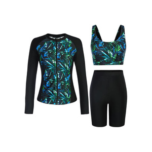 Ensemble de maillot de bain 3 pièces pour femmes, manches longues, fermeture éclair sur le devant, séchage rapide, imprimé, motif Paisley noir et blanc - Product Image 2