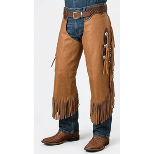 Chaps Ingleses de Cuero Tostado con Diseño de Cesta Trenzada, Flecos, Cierre de Botón y Hebilla, Ajuste Holgado para Equitación y Competición - Product Image 3