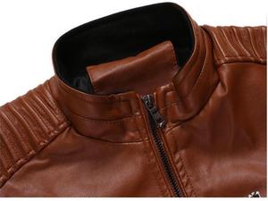Blouson moto en cuir noir pour homme, col montant, fermeture éclair, coupe ajustée, couleur unie, manches classiques, idéal pour l'automne - Product Image 2