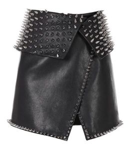 Mini-jupe asymétrique en cuir clouté taille haute pour femme, style punk, rivets cloutés, couleur unie, streetwear - Product Image 4