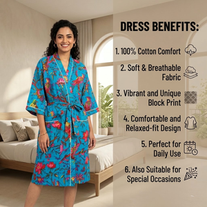 Kimono Floral de Algodón Turquesa |   Bata de casa de manga larga con cuello en V para mujer |   Bata Larga con Bolsillo Delantero de Alta Calidad, Diseño Exquisito - Product Image 3