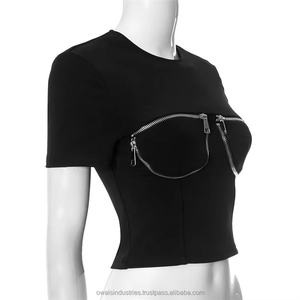 Camiseta corta con estampado de logotipo personalizado para mujer, camiseta informal de verano con cremallera y bolsillos en el pecho, ropa de calle a la moda. - Product Image 3