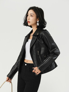 Plus Size <b>Women</b> Black Motorcycle Biker Jacket Turn Down Collar Zipper Long Sleeve Autumn <b>Coat</b> - Product Image 4