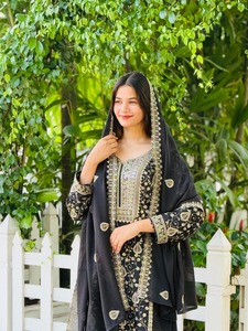 Indian Boutique Designer Black Embroidered Georgette <b>Top</b> With Palazzo And Dupatta Set For Women Traditional Indian Wedding Wear - Product Image 2