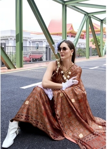 KV for <b>Satin</b> Crepe Silk Traditional Printed Party <b>Saree</b> with Unstitched Blouse - Product Image 5