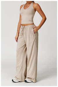 Women's <b>Pink</b> Halter Crop Top Yoga <b>Set</b> High Waist Wide Leg Pants 2 Piece Breathable Spandex Polyester Fitness Wear - Product Image 4