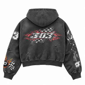 Sweat-shirt court à capuche pour homme, noir, streetwear, coupe oversize, avec poche, logo flamme imprimé, sérigraphie, en coton French Terry - Product Image 2