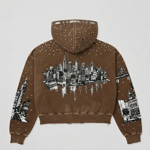 Veste streetwear personnalisée à capuche, coupe courte, marron délavé, imprimé skyline urbain, ornée de strass cloutés, ourlet brut vieilli, fournisseur en gros - Product Image 2