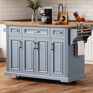 Carrello da Cucina Grande da 54 Pollici con 4 Ante, Texture 3D Goffrata, 4 Ruote, in Legno di Gomma, per Isola Cucina - Product Image 4