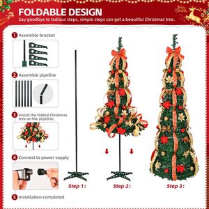 6 FT Pop up Artificial Christmas Tree Fully Decorated with 150 Warm Battery Operated Red Gold Lights Pre-Lit Xmas Decoration - Product Image 2