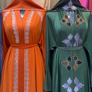 Wholesale Modest Dubai Beaded Sequined <b>Long</b> Sleeve Abaya Muslim Traditional Handmade Wedding Women Polyester Breathable V Neck - Product Image 1