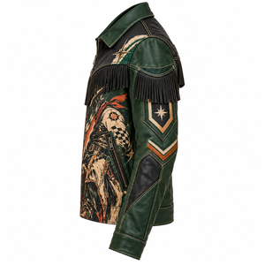 Veste en cuir à franges avec motif Bull Rider pour homme, en cuir de vachette vert foncé personnalisé, style western vintage, veste de motard, fournisseur direct d'usine - Product Image 4