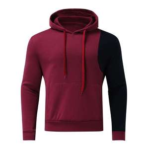 Sweat à capuche colorblock pour homme, bordeaux et bleu marine, en molleton avec empiècements contrastants, coupe décontractée à épaules tombantes, style streetwear personnalisé, vente en gros - Product Image 2