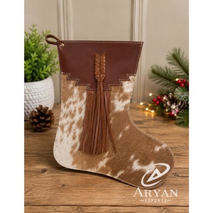 Premium Brown Cowhide Leather <b>Christmas</b> <b>Stocking</b> with Leather Fringe and Western Cuff Decorative Tree <b>Stocking</b> for Gifts - Product Image 1