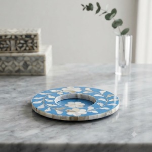 Sous-verre rond en nacre incrustée, fait main, motif floral bleu, pour la maison, l'hôtel et le restaurant - Product Image 4