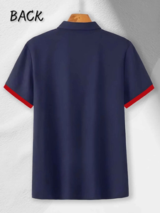 Custom Navy Blue Polo Shirt Short Sleeve Embroidered Logo Contrast Trim Classic Turndown Collar Adult All Seasons Promotional - Product Image 2