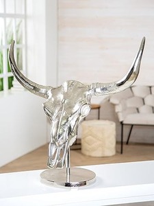 Sculpture de crâne de taureau en argent, figurine artistique en métal faite à la main, décoration de table, style rustique, thème animalier pour salon - Product Image 2
