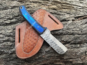 Cuchillo de caza y desollado de acero de Damasco con hoja martillada, 8 pulgadas, estilo vaquero, para camping, con funda de cuero OEM y mango de madera Pakka. - Product Image 4