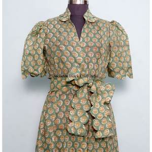 Vestido midi elegante para mujer, cómodo, de manga corta, con estampado floral vibrante hecho a mano, 100% algodón puro, estilo casual. - Product Image 4