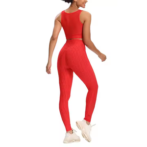 Red Seamless Yoga <b>Set</b> <b>Women</b> High Waisted Leggings Crop Top 2 Piece Sportwear Full Length Racerback Scoop Neck Spandex Polyester - Product Image 3