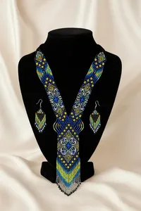 Parure de bijoux bohèmes américains faits main en perles de rocaille bleues BEAUTYFULL – Collier et boucles d'oreilles – Idéal pour anniversaire, Diwali, Noël - Product Image 5