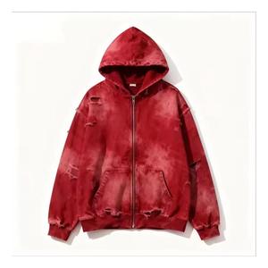 Sudadera con capucha de manga larga para hombre, de fabricante personalizado, con efecto desgastado por el sol, corte regular, con pedrería, diseño con lavado ácido y cremallera, de forro polar - Product Image 1